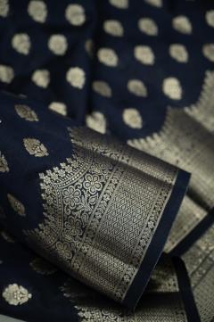 Pure Banarasi Chynia Golden Zari Navy Blue Saree