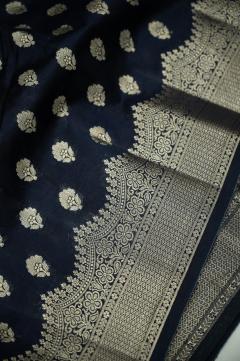 Pure Banarasi Chynia Golden Zari Navy Blue Saree