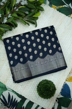 Pure Banarasi Chynia Golden Zari Navy Blue Saree